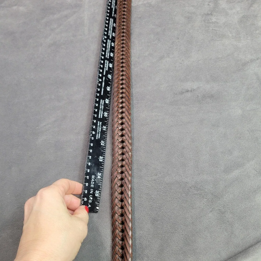 Brown Braided Genuine Leather Belt Silver Buckle Woven Casual Mens Womens 35.5in